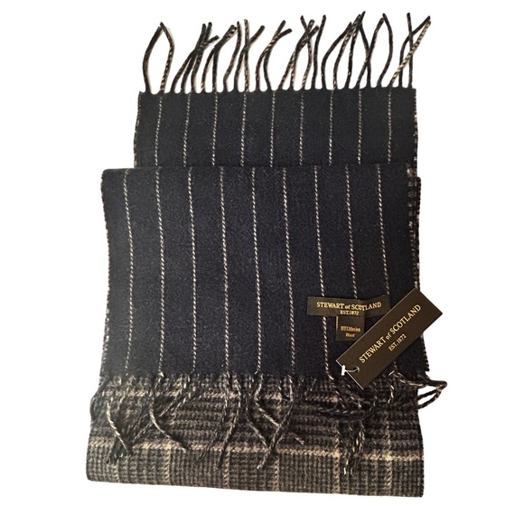 Stewart of Scotland Merino Wool Scarf Plaid Stripe Fringe Reversible Long UNISEX - Picture 4 of 9